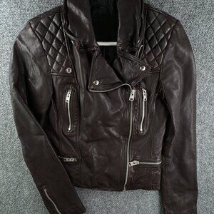 Allsaints Leather Jacket Brown Women Size 4 Zip Pockets Grunge Catch Biker